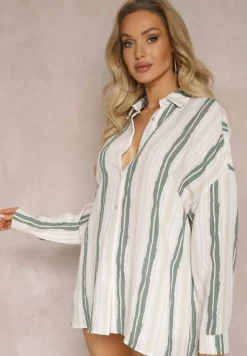 Beżowa Casualowa Koszula z Bawełny w Paski Sileata