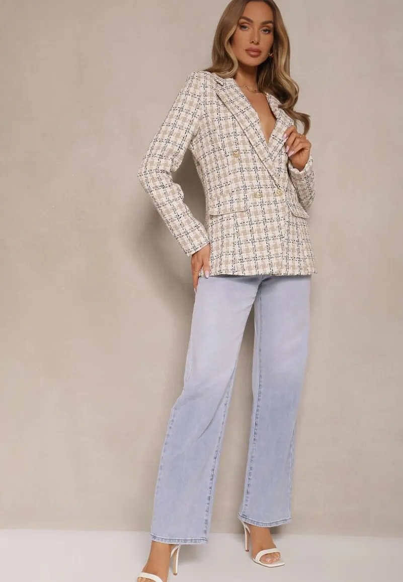 Beżowa Casualowa Tweedowa Marynarka z Wszytymi Poduszkami na Ramionach Jaanes