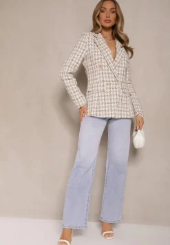 Beżowa Casualowa Tweedowa Marynarka z Wszytymi Poduszkami na Ramionach Jaanes