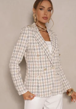 Beżowa Casualowa Tweedowa Marynarka z Wszytymi Poduszkami na Ramionach Jaanes