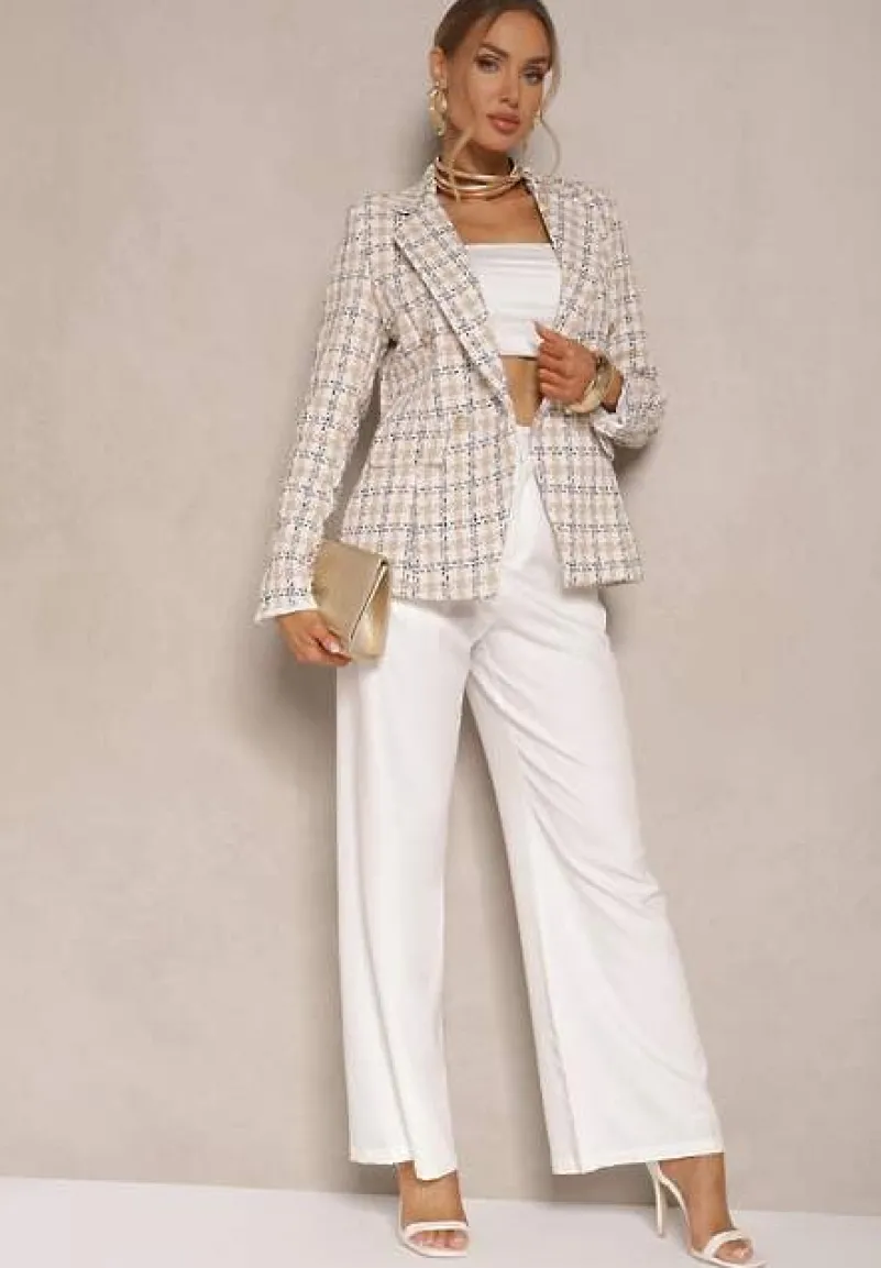 Beżowa Casualowa Tweedowa Marynarka z Wszytymi Poduszkami na Ramionach Jaanes