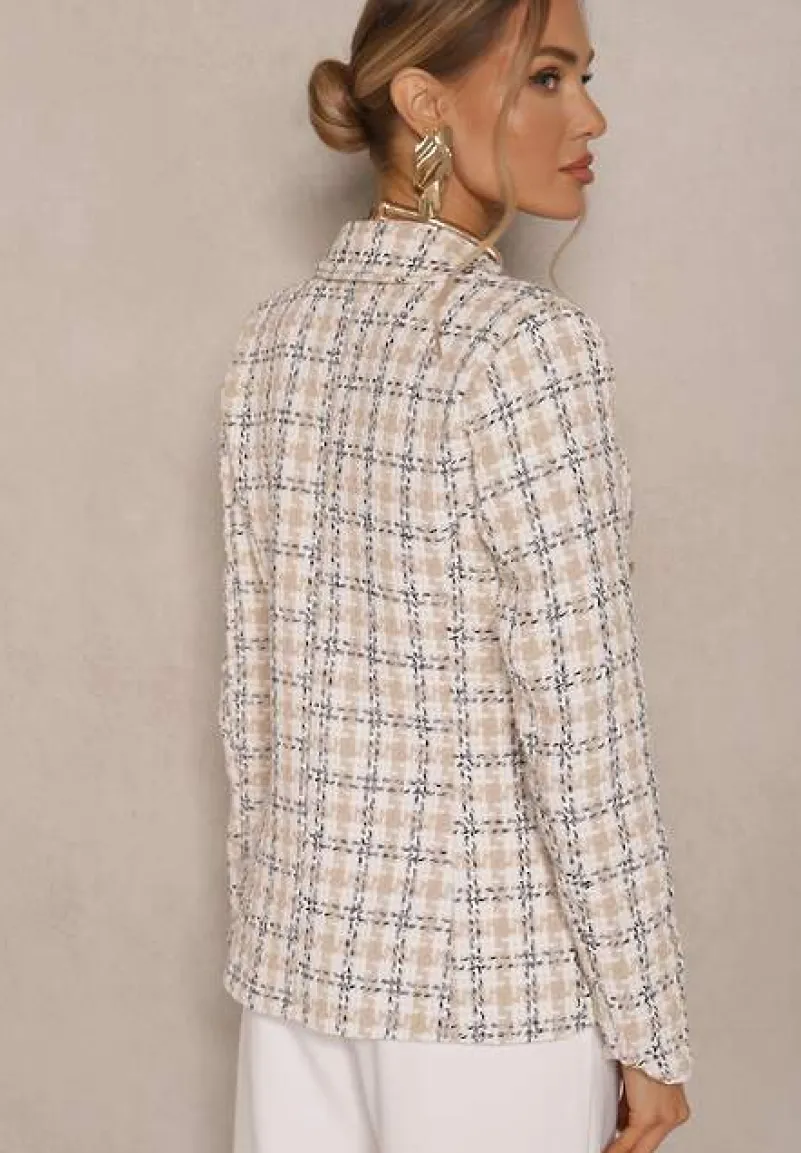 Beżowa Casualowa Tweedowa Marynarka z Wszytymi Poduszkami na Ramionach Jaanes