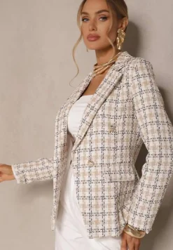 Beżowa Casualowa Tweedowa Marynarka z Wszytymi Poduszkami na Ramionach Jaanes