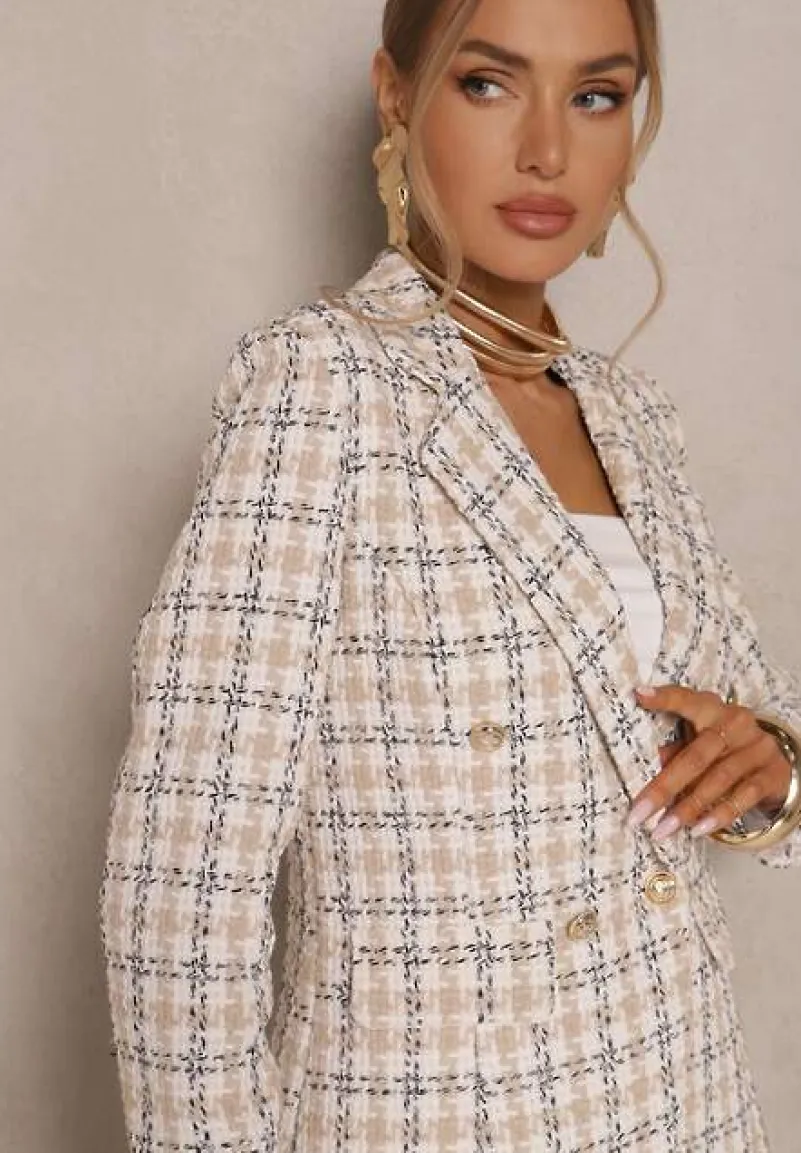 Beżowa Casualowa Tweedowa Marynarka z Wszytymi Poduszkami na Ramionach Jaanes