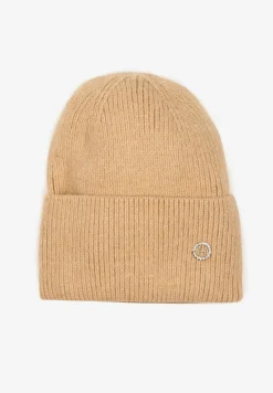 Beżowa Czapka Beanie z Dodatkiem Angory i Metaliczną Aplikacją Delathor