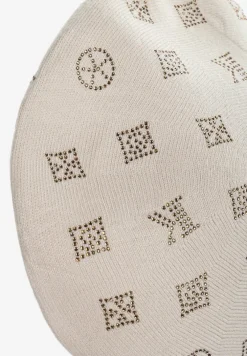 Beżowa Czapka Beret w Naszywki w Cyrkonie Nlaria
