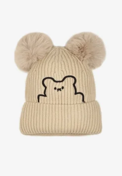 Beżowa Czapka z Wywinięciem Misiem i Pomponami Nealinae
