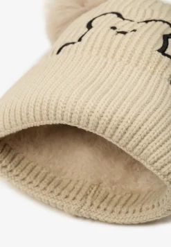 Beżowa Czapka z Wywinięciem Misiem i Pomponami Nealinae