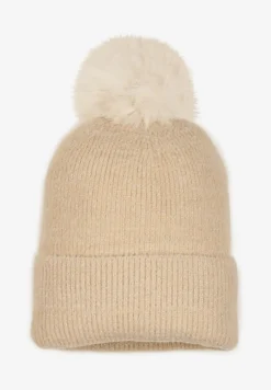 Beżowa Czapka Zimowa z Ozdobnym Pomponem i Ozdobną Metaliczną Nitką Issaril
