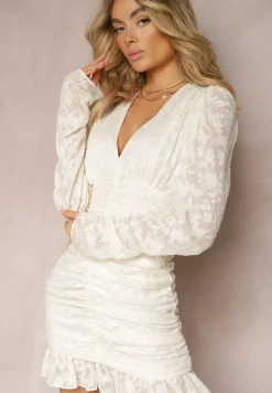 Beżowa Dopasowana Sukienka Mini z Drapowaniem i Wzorem na Siateczce Welisia