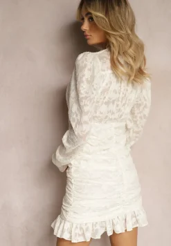 Beżowa Dopasowana Sukienka Mini z Drapowaniem i Wzorem na Siateczce Welisia