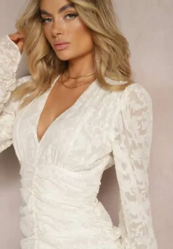 Beżowa Dopasowana Sukienka Mini z Drapowaniem i Wzorem na Siateczce Welisia