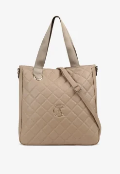 Beżowa Duża Torebka Pikowana Ozdobiona Aplikacją z Regulowanym Paskiem Reriora