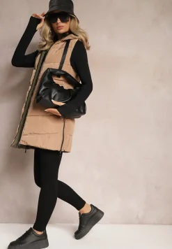 Beżowa Długa Kamizelka Pikowana Dwustronna ze Sznurkami przy Kapturze Frenila