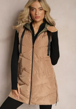 Beżowa Długa Kamizelka Pikowana Dwustronna ze Sznurkami przy Kapturze Frenila