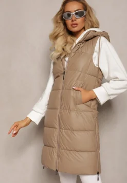 Beżowa Długa Kamizelka Pikowana z Nieodpinanym Kapturem Faelissa