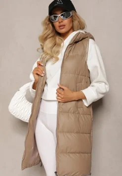 Beżowa Długa Kamizelka Pikowana z Nieodpinanym Kapturem Faelissa