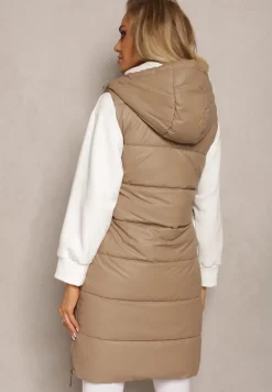 Beżowa Długa Kamizelka Pikowana z Nieodpinanym Kapturem Faelissa