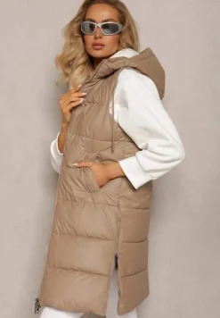 Beżowa Długa Kamizelka Pikowana z Nieodpinanym Kapturem Faelissa