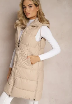 Beżowa Długa Kamizelka z Pikowaniem i Obustronnym Suwakiem Wetessa