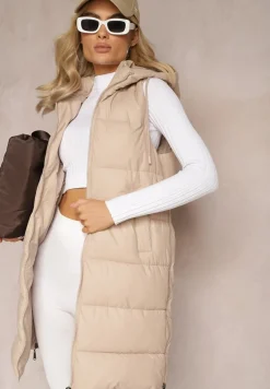 Beżowa Długa Kamizelka z Pikowaniem i Obustronnym Suwakiem Wetessa