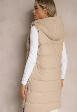 Beżowa Długa Kamizelka z Pikowaniem i Obustronnym Suwakiem Wetessa