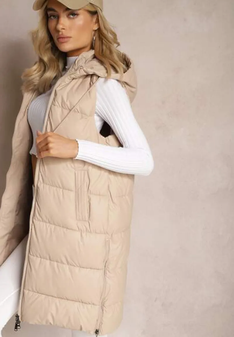 Beżowa Długa Kamizelka z Pikowaniem i Obustronnym Suwakiem Wetessa