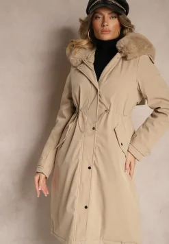 Beżowa Długa Kurtka o Fasonie Parki z Futerkiem Edelais