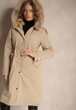 Beżowa Długa Kurtka o Fasonie Parki z Futerkiem Edelais