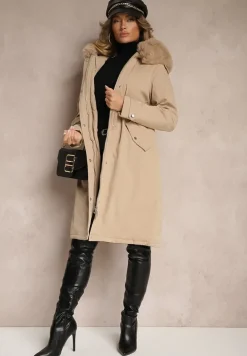 Beżowa Długa Kurtka o Fasonie Parki z Futerkiem Edelais