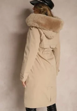 Beżowa Długa Kurtka o Fasonie Parki z Futerkiem Edelais