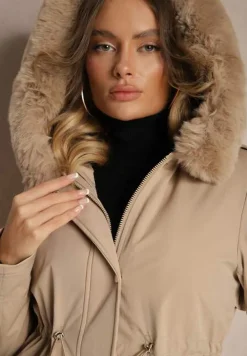Beżowa Długa Kurtka o Fasonie Parki z Futerkiem Edelais