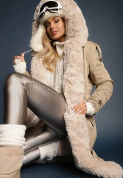 Beżowa Długa Kurtka Parka Nylonowa Płaszcz z Futrzanymi Wstawkami Rinale