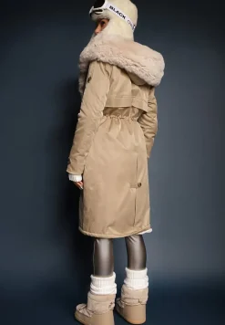 Beżowa Długa Kurtka Parka Nylonowa Płaszcz z Futrzanymi Wstawkami Rinale