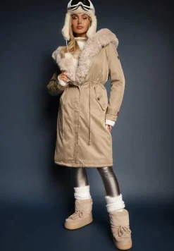 Beżowa Długa Kurtka Parka Nylonowa Płaszcz z Futrzanymi Wstawkami Rinale