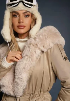 Beżowa Długa Kurtka Parka Nylonowa Płaszcz z Futrzanymi Wstawkami Rinale