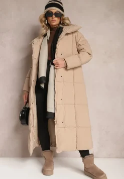 Beżowa Długa Kurtka Pikowana Płaszcz z Paskiem Adellesstta