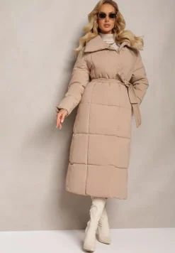 Beżowa Długa Kurtka Pikowana Płaszcz z Paskiem Adellesstta