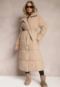 Beżowa Długa Kurtka Pikowana Płaszcz z Paskiem Adellesstta