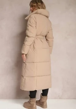 Beżowa Długa Kurtka Pikowana Płaszcz z Paskiem Adellesstta