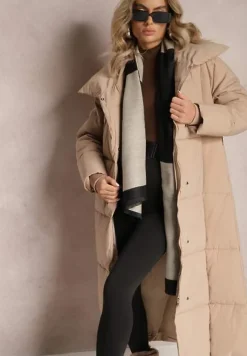 Beżowa Długa Kurtka Pikowana Płaszcz z Paskiem Adellesstta