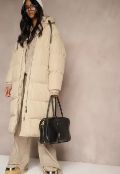 Beżowa Długa Kurtka Pikowana z Kapturem Serea