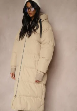 Beżowa Długa Kurtka Pikowana z Kapturem Serea