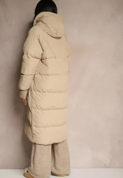 Beżowa Długa Kurtka Pikowana z Kapturem Serea