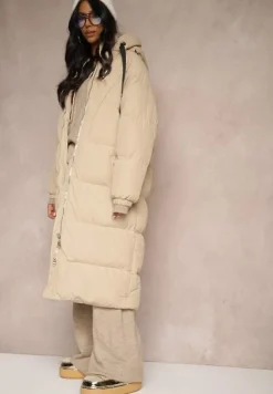 Beżowa Długa Kurtka Pikowana z Kapturem Serea