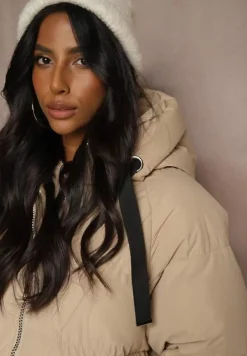 Beżowa Długa Kurtka Pikowana z Kapturem Serea