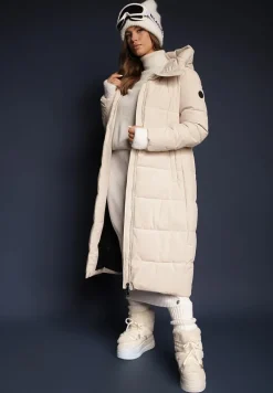 Beżowa Długa Kurtka Pikowana Płaszcz Mocno Ocieplona z Nieodpinanym Kapturem Naliope
