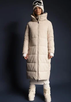 Beżowa Długa Kurtka Pikowana Płaszcz Mocno Ocieplona z Nieodpinanym Kapturem Naliope