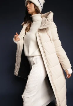 Beżowa Długa Kurtka Pikowana Płaszcz Mocno Ocieplona z Nieodpinanym Kapturem Naliope