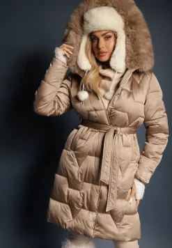 Beżowa Długa Kurtka Pikowana z Odpinanym Kołnierzem i Paskiem Rinarella